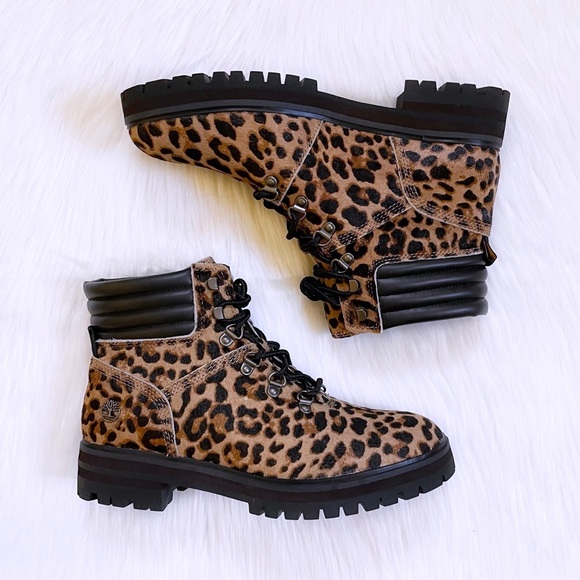 Timberland Women’s London Square Cheetah Print Calf Hair Combat Boot Mid Hiker - Picture 7 of 9